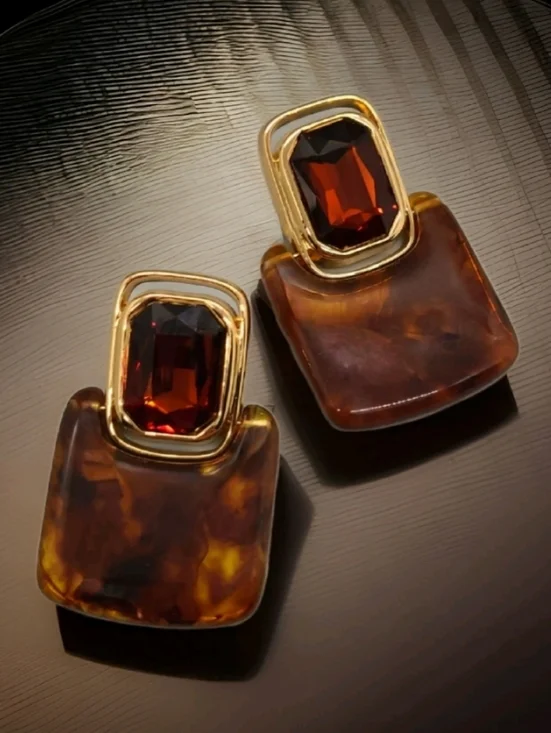 Vintage Retro Large Crystal Rootbeer Geometric Doorknocker Gold Drop Earrings - Picture 6 of 14